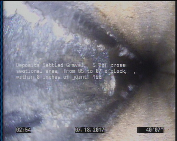 Deposits Settled Gravel, 5 %of cross sectional area, from 05 to 07 o'clock, , within 8 inches of joint: YES