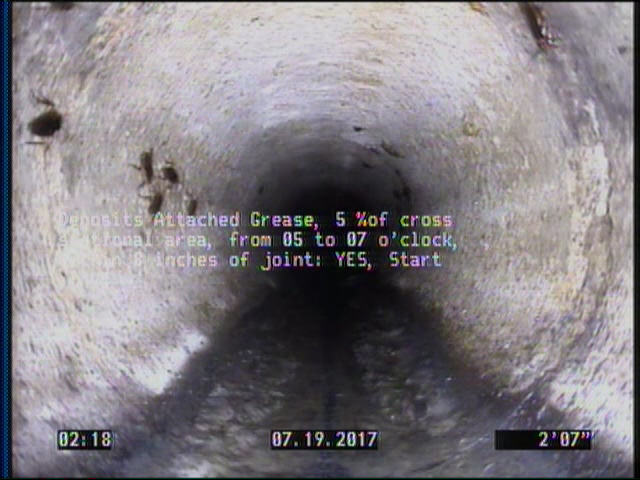 Deposits Attached Grease, 5 %of cross sectional area, from 05 to 07 o'clock, , within 8 inches of joint: YES, Start