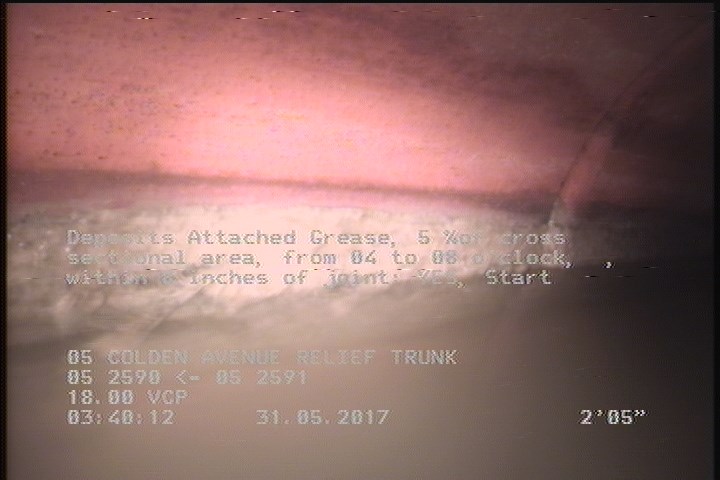 Deposits Attached Grease, 5 %of cross sectional area, from 04 to 08 o'clock, , within 8 inches of joint: YES, Start