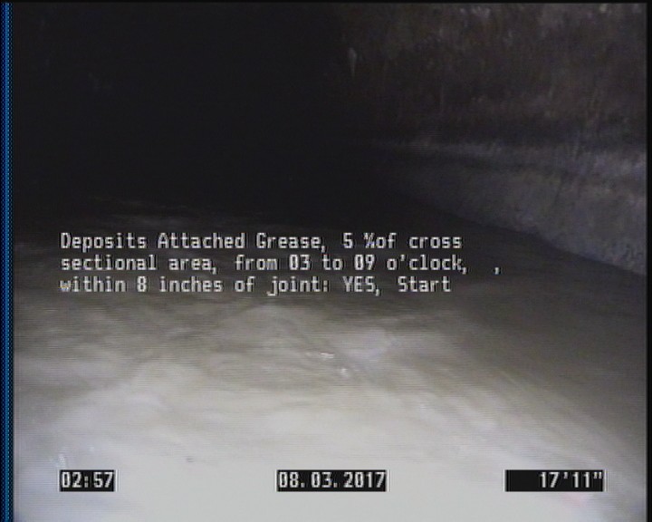 Deposits Attached Grease, 5 %of cross sectional area, from 03 to 09 o'clock, , within 8 inches of joint: YES, Start