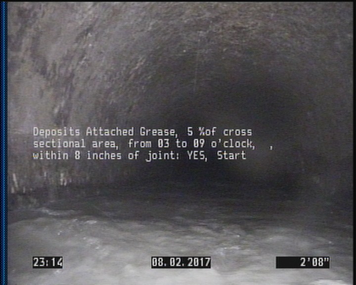 Deposits Attached Grease, 5 %of cross sectional area, from 03 to 09 o'clock, , within 8 inches of joint: YES, Start