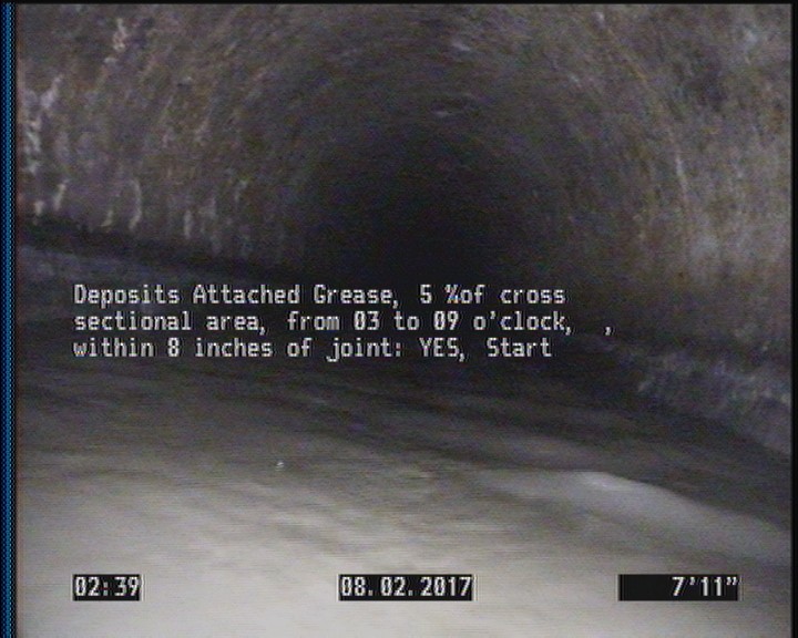 Deposits Attached Grease, 5 %of cross sectional area, from 03 to 09 o'clock, , within 8 inches of joint: YES, Start