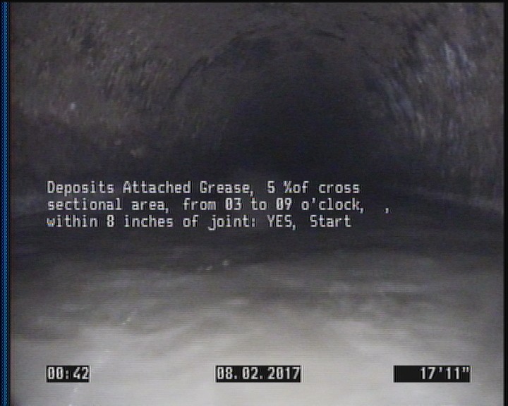 Deposits Attached Grease, 5 %of cross sectional area, from 03 to 09 o'clock, , within 8 inches of joint: YES, Start