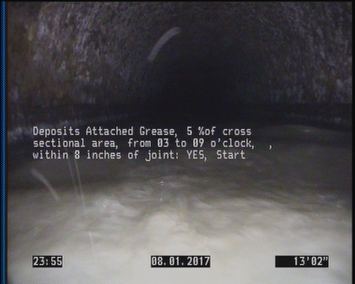 Deposits Attached Grease, 5 %of cross sectional area, from 03 to 09 o'clock, , within 8 inches of joint: YES, Start