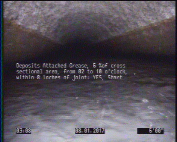 Deposits Attached Grease, 5 %of cross sectional area, from 02 to 10 o'clock, , within 8 inches of joint: YES, Start