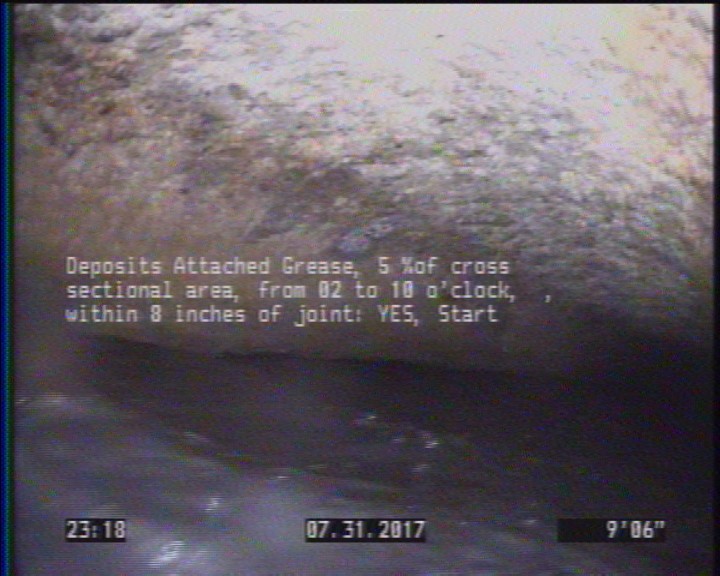 Deposits Attached Grease, 5 %of cross sectional area, from 02 to 10 o'clock, , within 8 inches of joint: YES, Start
