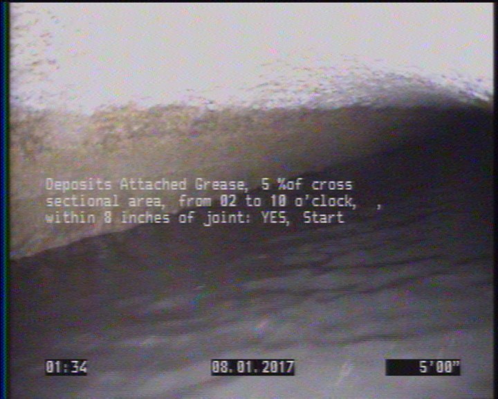 Deposits Attached Grease, 5 %of cross sectional area, from 02 to 10 o'clock, , within 8 inches of joint: YES
