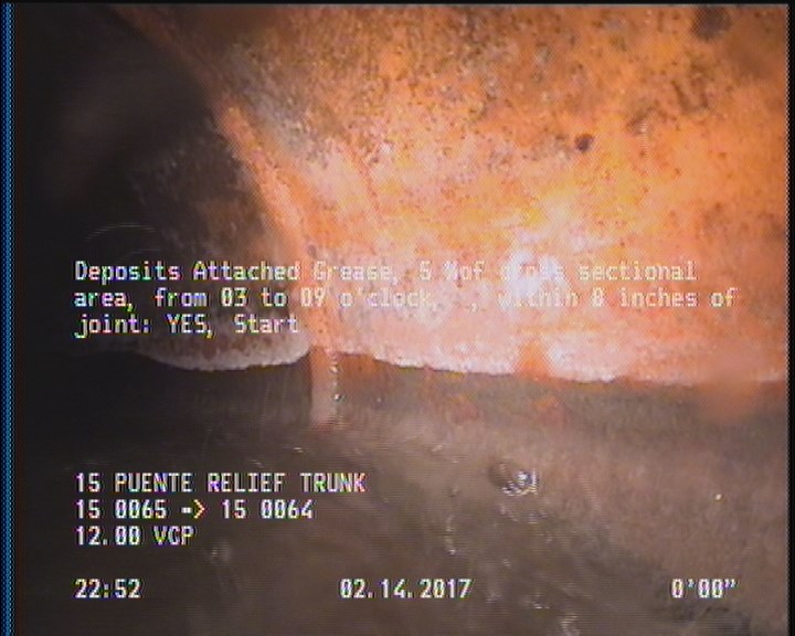 Deposits Attached Grease, 5 %of cross sectional area, from 03 to 09 o'clock, , within 8 inches of joint: YES, Start