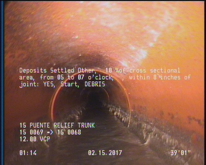 Deposits Settled Other, 10 %of cross sectional area, from 05 to 07 o'clock, , within 8 inches of joint: YES, Start - DEBRIS