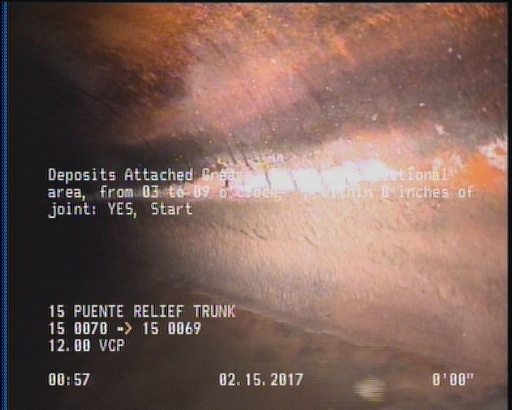 Deposits Attached Grease, 5 %of cross sectional area, from 03 to 09 o'clock, , within 8 inches of joint: YES, Start