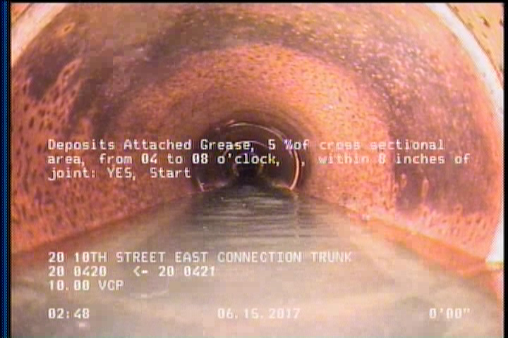 Deposits Attached Grease, 5 %of cross sectional area, from 04 to 08 o'clock, , within 8 inches of joint: YES, Start