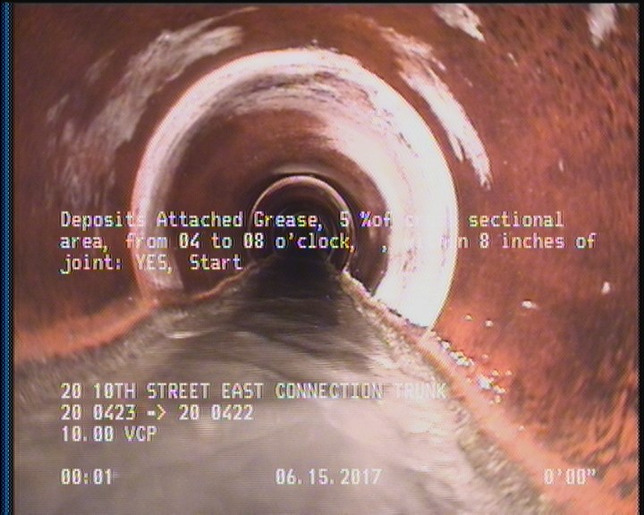 Deposits Attached Grease, 5 %of cross sectional area, from 04 to 08 o'clock, , within 8 inches of joint: YES, Start