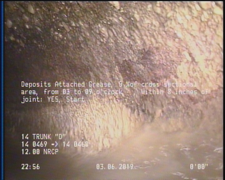 Deposits Attached Grease, 5 %of cross sectional area, from 03 to 09 o'clock, , within 8 inches of joint: YES, Start