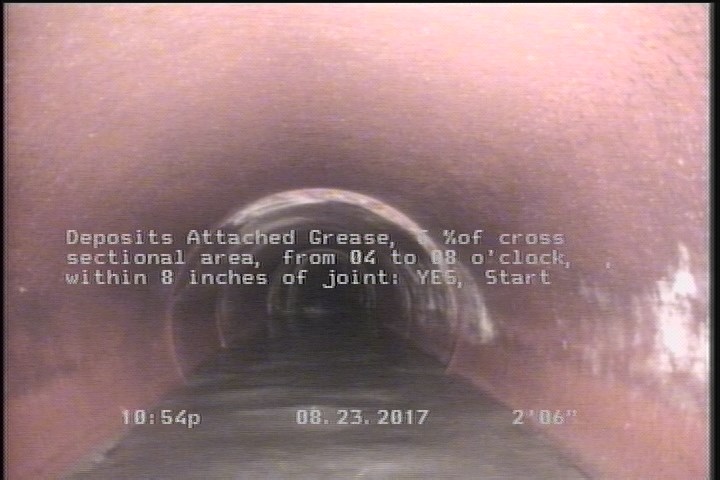 Deposits Attached Grease, 5 %of cross sectional area, from 04 to 08 o'clock, , within 8 inches of joint: YES, Start