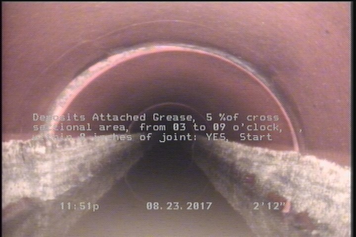 Deposits Attached Grease, 5 %of cross sectional area, from 03 to 09 o'clock, , within 8 inches of joint: YES, Start