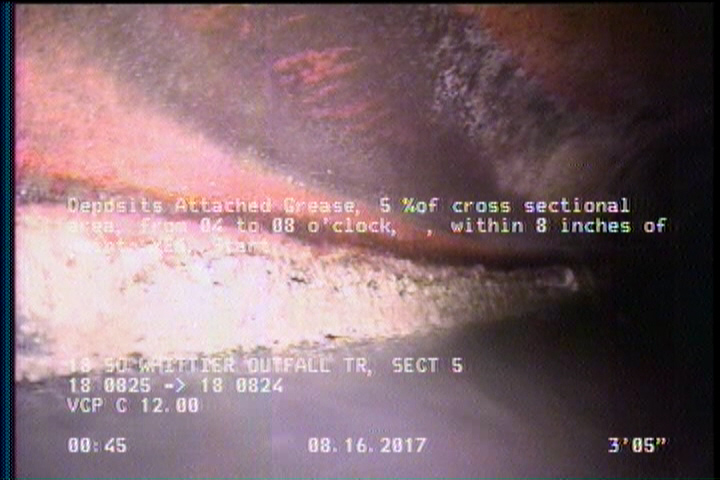 Deposits Attached Grease, 5 %of cross sectional area, from 04 to 08 o'clock, , within 8 inches of joint: YES, Start