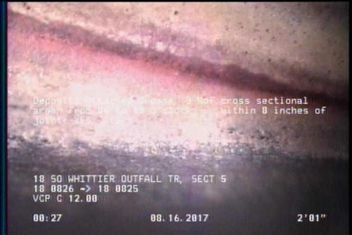 Deposits Attached Grease, 5 %of cross sectional area, from 04 to 08 o'clock, , within 8 inches of joint: YES, Start