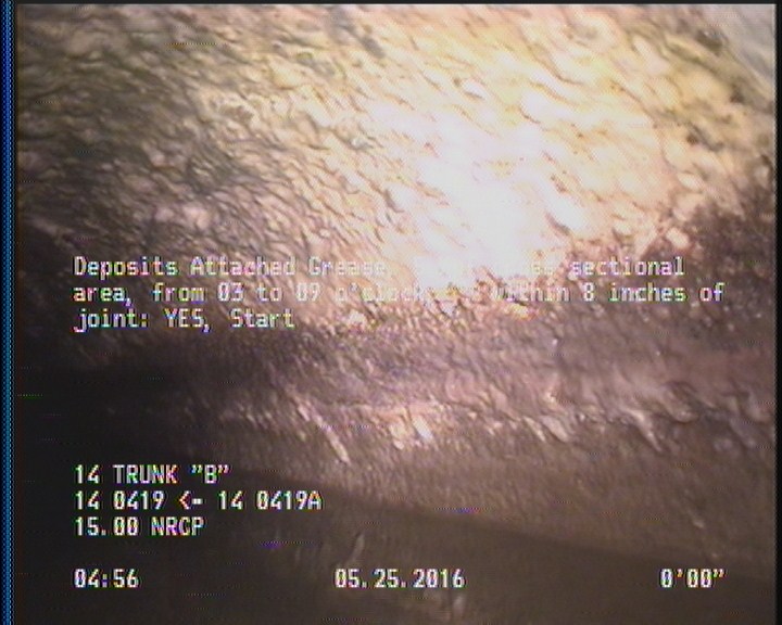 Deposits Attached Grease, 5 %of cross sectional area, from 03 to 09 o'clock, , within 8 inches of joint: YES, Start