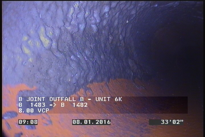 Deposits Attached Grease, 5 %of cross sectional area, from 08 to 04 o'clock, , within 8 inches of joint: YES, Start