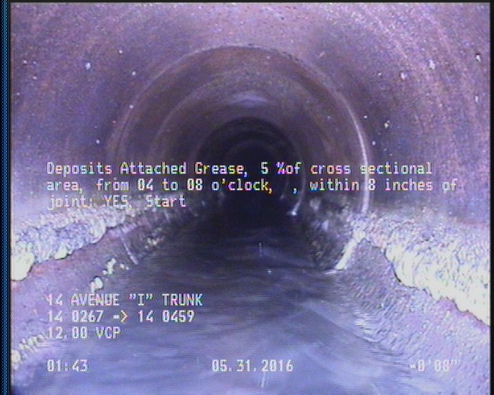 Deposits Attached Grease, 5 %of cross sectional area, from 02 to 10 o'clock, , within 8 inches of joint: YES, Start
