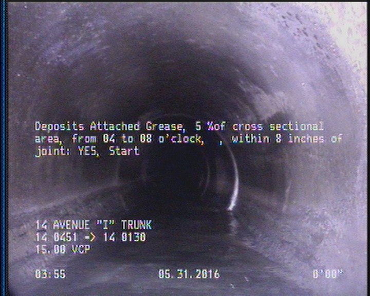 Deposits Attached Grease, 5 %of cross sectional area, from 04 to 08 o'clock, , within 8 inches of joint: YES, Start