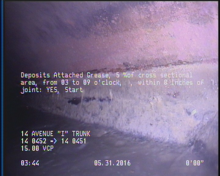 Deposits Attached Grease, 5 %of cross sectional area, from 03 to 09 o'clock, , within 8 inches of joint: YES, Start
