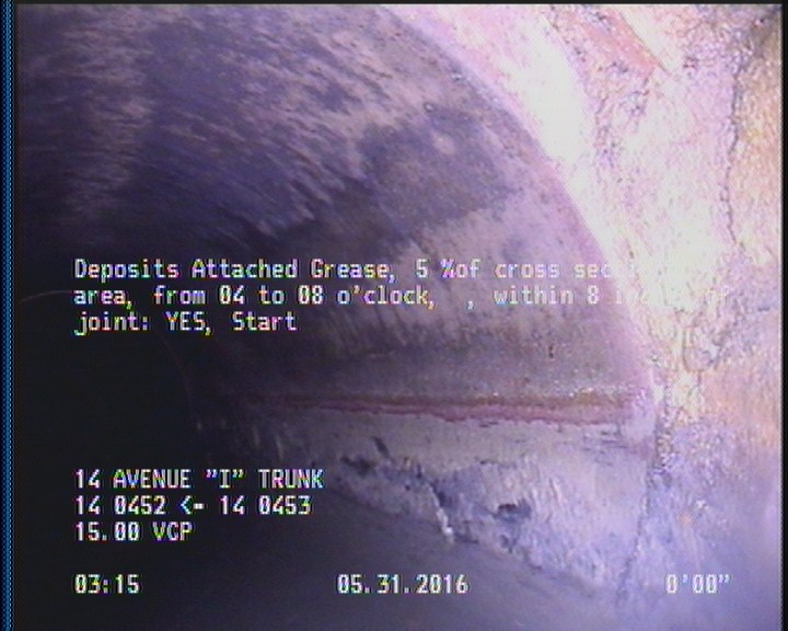 Deposits Attached Grease, 5 %of cross sectional area, from 04 to 08 o'clock, , within 8 inches of joint: YES, Start