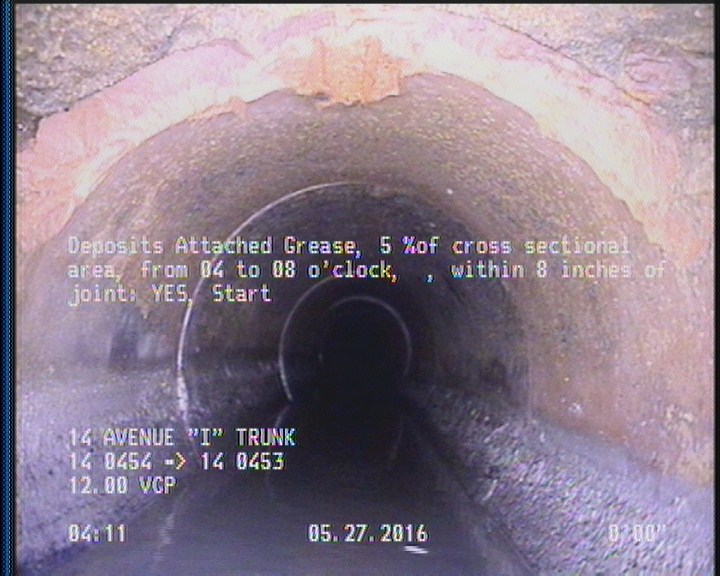 Deposits Attached Grease, 5 %of cross sectional area, from 04 to 08 o'clock, , within 8 inches of joint: YES, Start