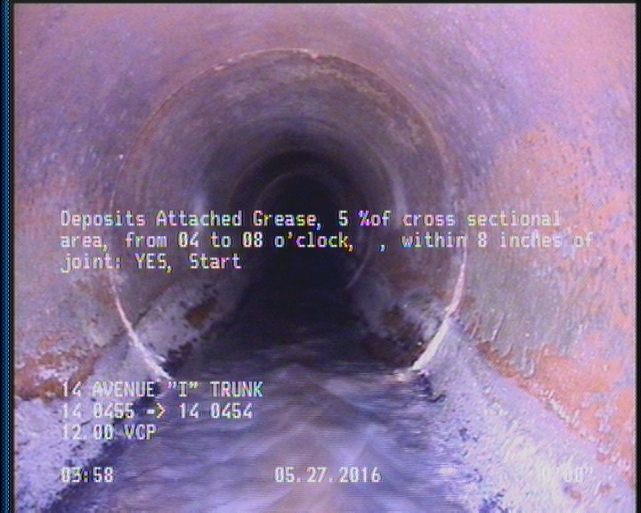 Deposits Attached Grease, 5 %of cross sectional area, from 04 to 08 o'clock, , within 8 inches of joint: YES, Start