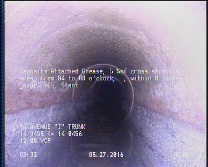 Deposits Attached Grease, 5 %of cross sectional area, from 04 to 08 o'clock, , within 8 inches of joint: YES, Start