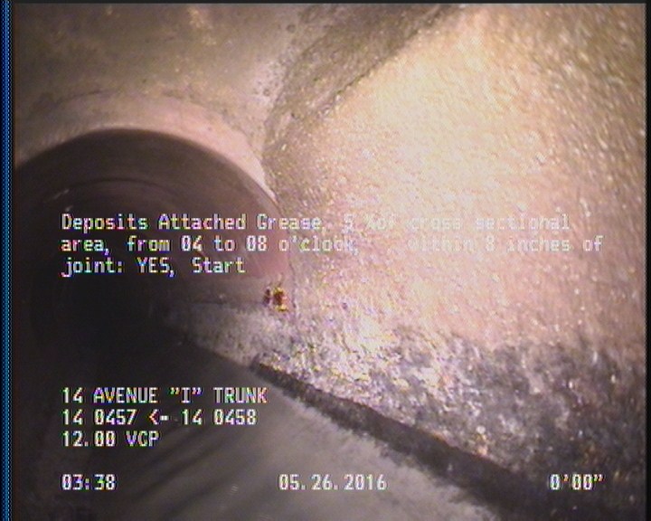 Deposits Attached Grease, 5 %of cross sectional area, from 04 to 08 o'clock, , within 8 inches of joint: YES, Start