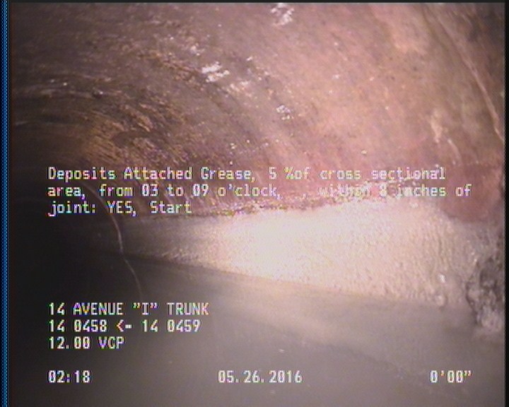 Deposits Attached Grease, 5 %of cross sectional area, from 03 to 09 o'clock, , within 8 inches of joint: YES, Start