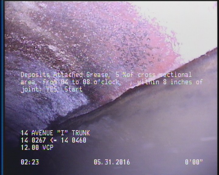 Deposits Attached Grease, 5 %of cross sectional area, from 04 to 08 o'clock, , within 8 inches of joint: YES, Start