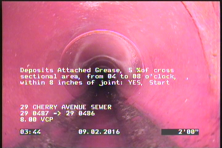Deposits Attached Grease, 5 %of cross sectional area, from 04 to 08 o'clock, , within 8 inches of joint: YES, Start