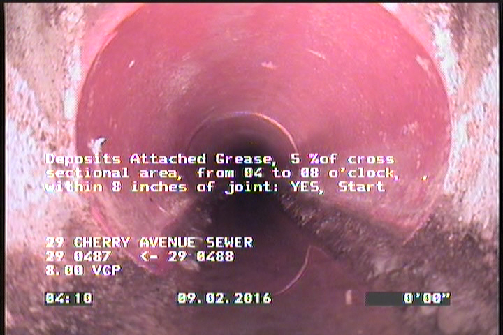 Deposits Attached Grease, 5 %of cross sectional area, from 04 to 08 o'clock, , within 8 inches of joint: YES, Start