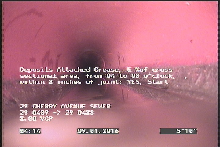 Deposits Attached Grease, 5 %of cross sectional area, from 04 to 08 o'clock, , within 8 inches of joint: YES, Start