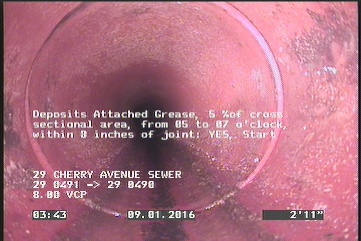 Deposits Attached Grease, 5 %of cross sectional area, from 05 to 07 o'clock, , within 8 inches of joint: YES, Start