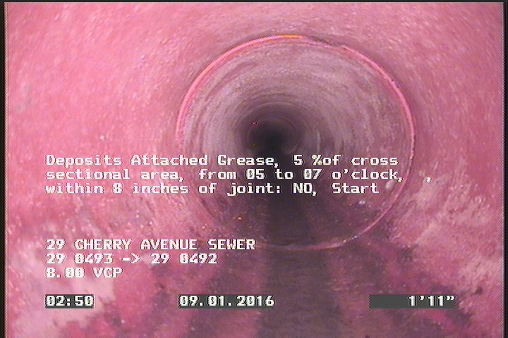 Deposits Attached Grease, 5 %of cross sectional area, from 05 to 07 o'clock, , within 8 inches of joint: NO, Start