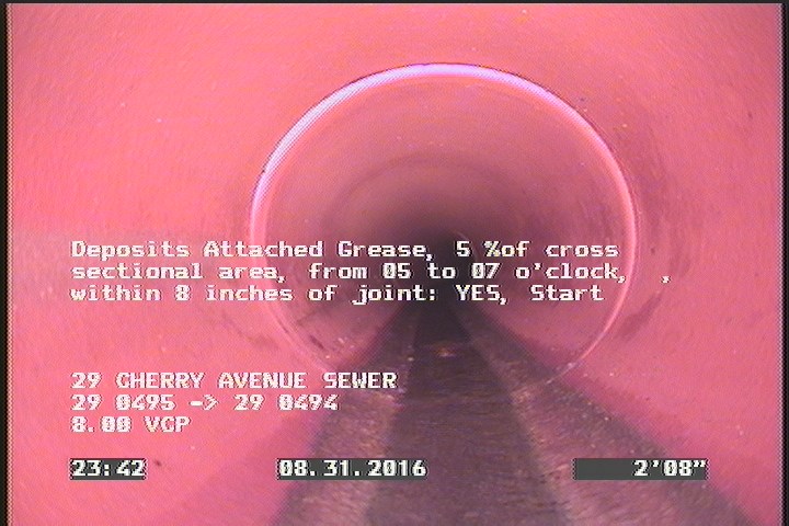 Deposits Attached Grease, 5 %of cross sectional area, from 05 to 07 o'clock, , within 8 inches of joint: YES, Start