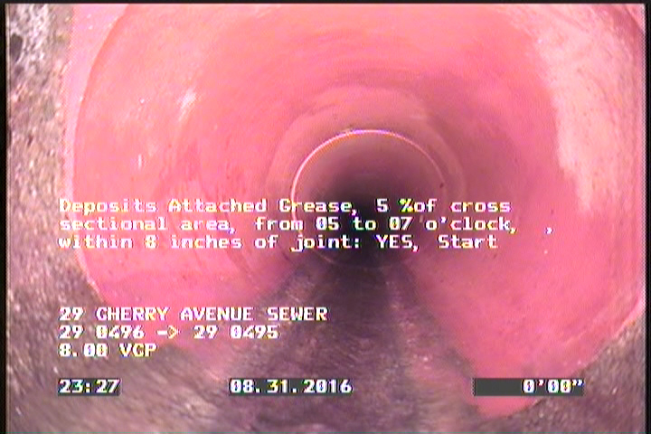 Deposits Attached Grease, 5 %of cross sectional area, from 05 to 07 o'clock, , within 8 inches of joint: YES, Start