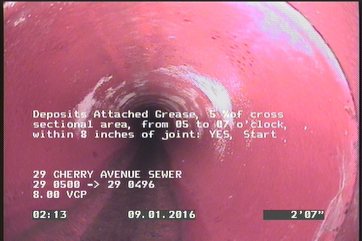 Deposits Attached Grease, 5 %of cross sectional area, from 05 to 07 o'clock, , within 8 inches of joint: YES, Start