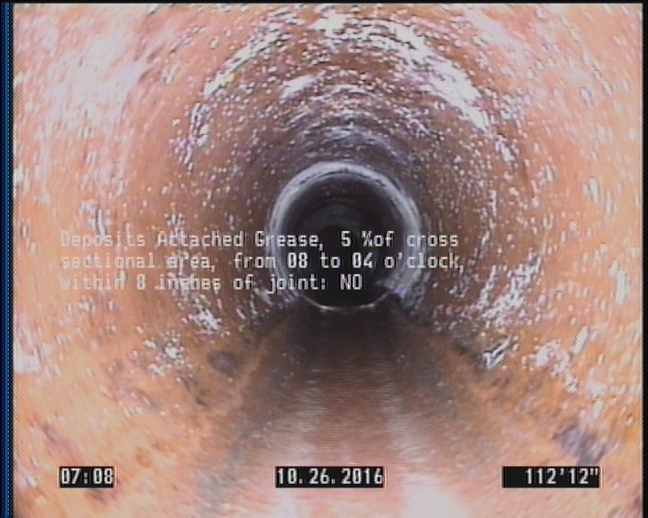 Deposits Attached Grease, 5 %of cross sectional area, from 08 to 04 o'clock, , within 8 inches of joint: NO