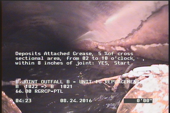 Deposits Attached Grease, 5 %of cross sectional area, from 02 to 10 o'clock, , within 8 inches of joint: YES, Start