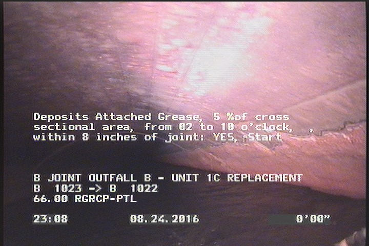 Deposits Attached Grease, 5 %of cross sectional area, from 02 to 10 o'clock, , within 8 inches of joint: YES, Start
