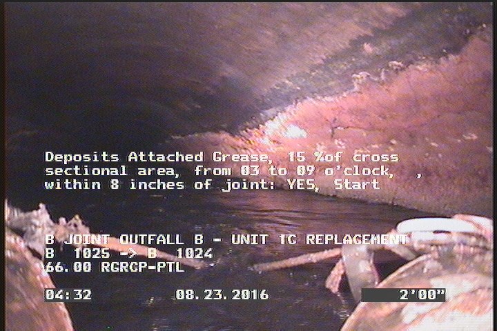 Deposits Attached Grease, 15 %of cross sectional area, from 03 to 09 o'clock, , within 8 inches of joint: YES, Start