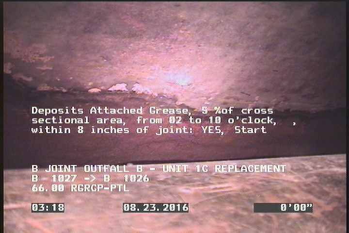Deposits Attached Grease, 5 %of cross sectional area, from 02 to 10 o'clock, , within 8 inches of joint: YES, Start