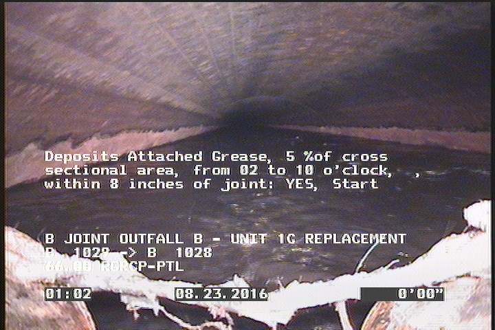 Deposits Attached Grease, 5 %of cross sectional area, from 02 to 10 o'clock, , within 8 inches of joint: YES, Start