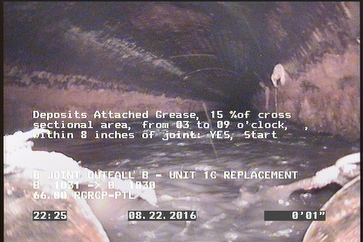 Deposits Attached Grease, 15 %of cross sectional area, from 03 to 09 o'clock, , within 8 inches of joint: YES, Start
