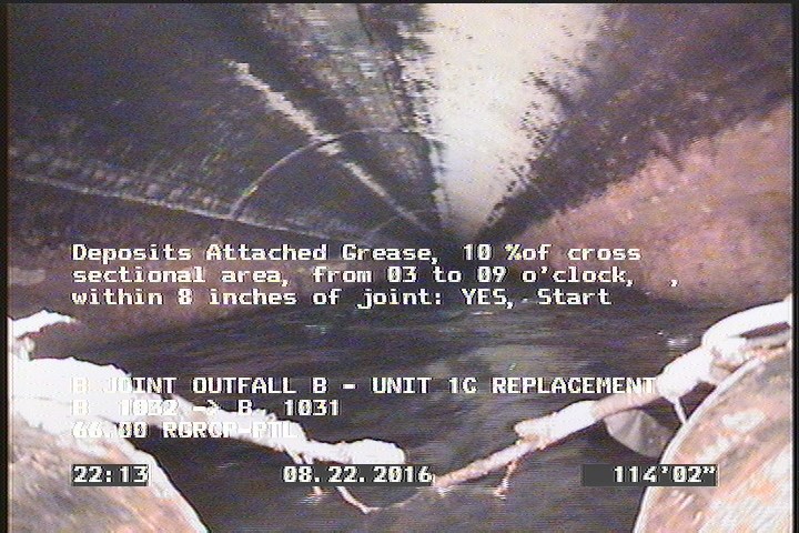 Deposits Attached Grease, 10 %of cross sectional area, from 03 to 09 o'clock, , within 8 inches of joint: YES, Start