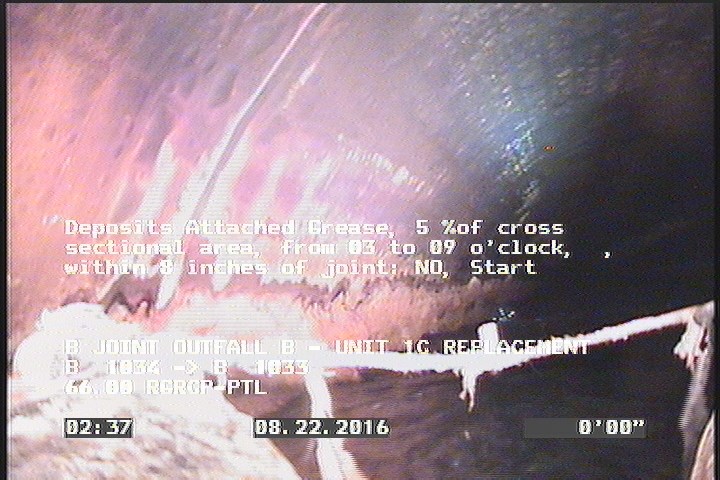 Deposits Attached Grease, 5 %of cross sectional area, from 03 to 09 o'clock, , within 8 inches of joint: NO, Start